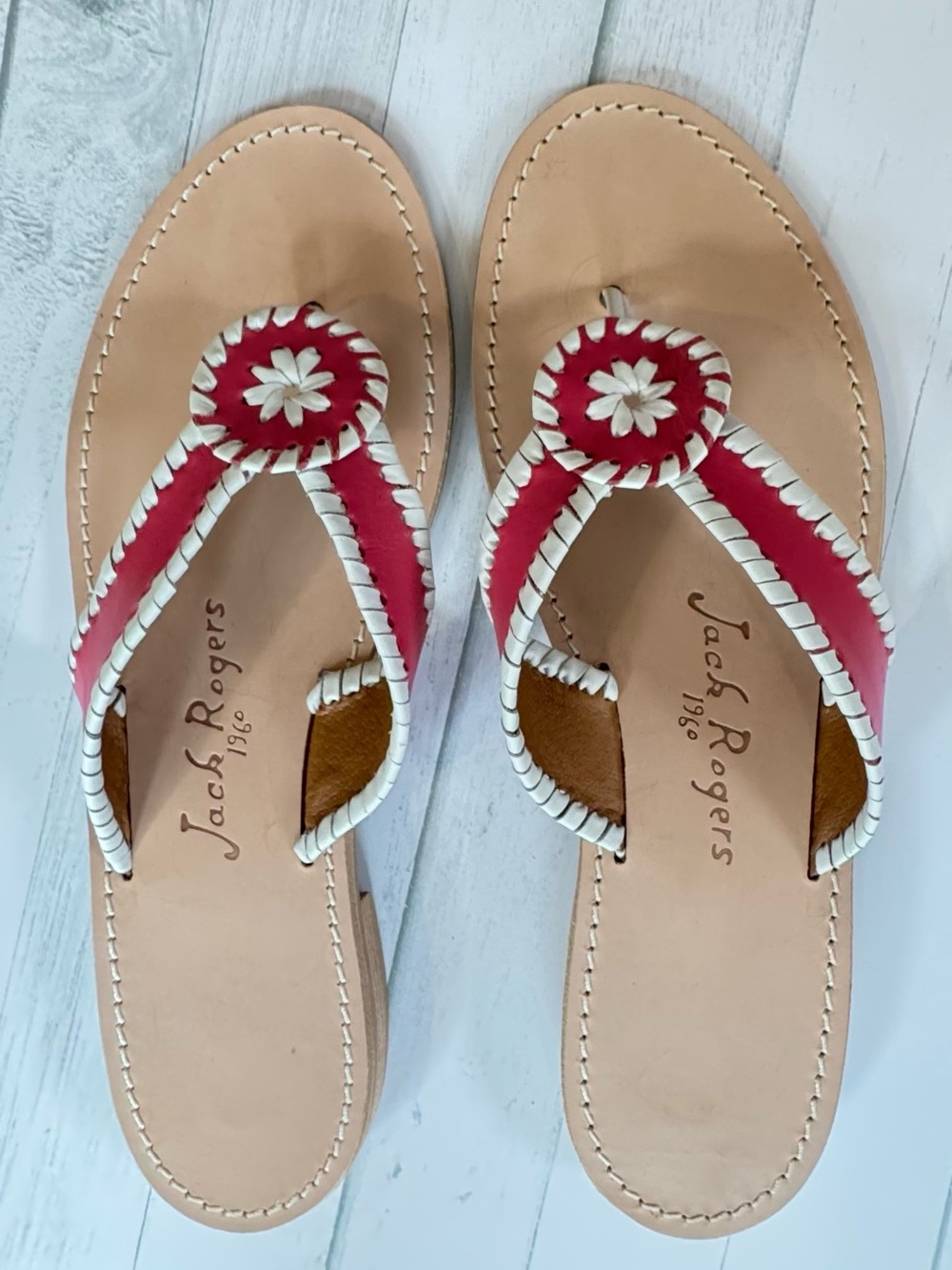 Jack Rogers Pink & White Whipstitch Leather Thong Sandals NWOT